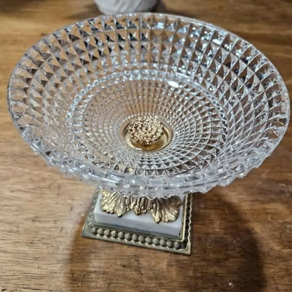 Vintage Crystal Compote Bowl with Marble and Brass Pedestal Base